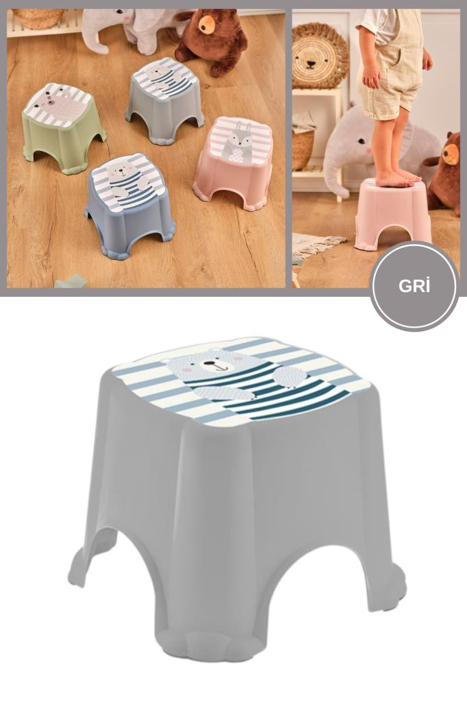 Flosoft Kaydırmaz Çocuk Taburesi, Figürlü Çocuk Banyo Lavabo Klozet Taburesi Gri