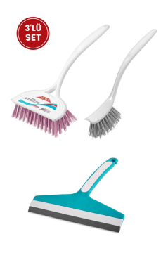 Flora 3’lü Trendy Temizlik Seti, F367 Bulaşık Fırçası + F388 Lavabo Küvet Fırçası + F009 Camsil Seti