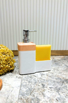 Bambu Desenli Süngerli Mutfak Sabunluğu & Bulaşık Deterjanlığı, Akrilik Sıvı Sabun Deterjan Şişesi Sünger Hazneli Beyaz