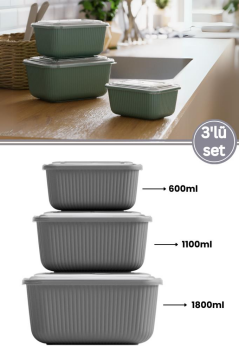 Flora 3’lü Erzak Gıda Saklama Kabı, Buzdolabı Düzenleyici Organizer 3’lü Set (600ml,1100ml,1800ml) Gri