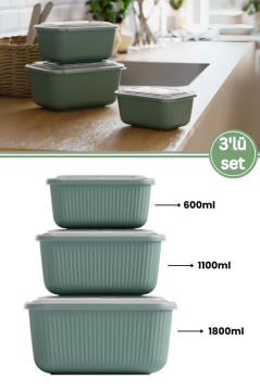 Flora 3’lü Erzak Gıda Saklama Kabı, Buzdolabı Düzenleyici Organizer 3’lü Set (600ml,1100ml,1800ml) Yeşil