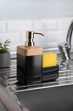 Bambu Desenli Süngerli Mutfak Sabunluğu & Bulaşık Deterjanlığı, Akrilik Sıvı Sabun Deterjan Şişesi Sünger Hazneli Siyah