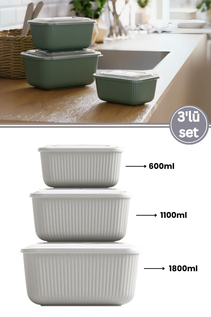 Flora 3’lü Erzak Gıda Saklama Kabı, Buzdolabı Düzenleyici Organizer 3’lü Set (600ml,1100ml,1800ml) Krem