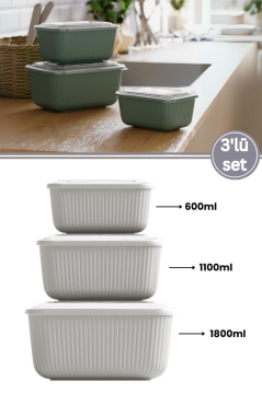 Flora 3’lü Erzak Gıda Saklama Kabı, Buzdolabı Düzenleyici Organizer 3’lü Set (600ml,1100ml,1800ml) Krem