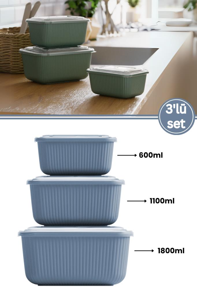 Flora 3’lü Erzak Gıda Saklama Kabı, Buzdolabı Düzenleyici Organizer 3’lü Set (600ml,1100ml,1800ml) Mavi