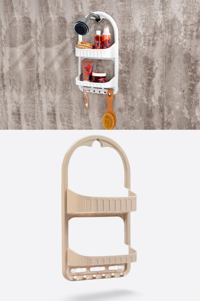 Flosoft 2 Raflı Şampuanlık, Asılabilir Vantuzlu Banyo Duş Şampuan Sabun Kozmetik Düzenleyici Beyaz Kahve