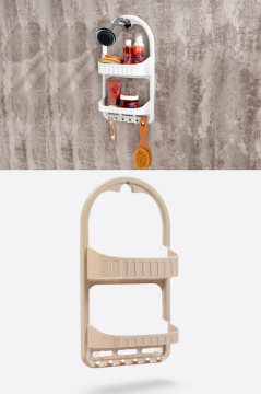 Flosoft 2 Raflı Şampuanlık, Asılabilir Vantuzlu Banyo Duş Şampuan Sabun Kozmetik Düzenleyici Beyaz Kahve