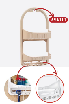 Flosoft 2 Raflı Şampuanlık, Asılabilir Vantuzlu Banyo Duş Şampuan Sabun Kozmetik Düzenleyici Beyaz Kahve