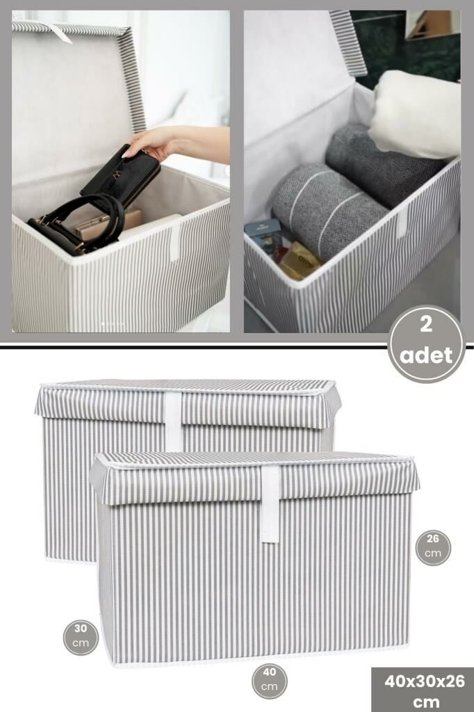 Kazak Kutu Hurç, Çorap Kazak Havlu Çamaşır Düzenleyici Mukavva Destekli (40x30x26cm) 2 Adet Gri