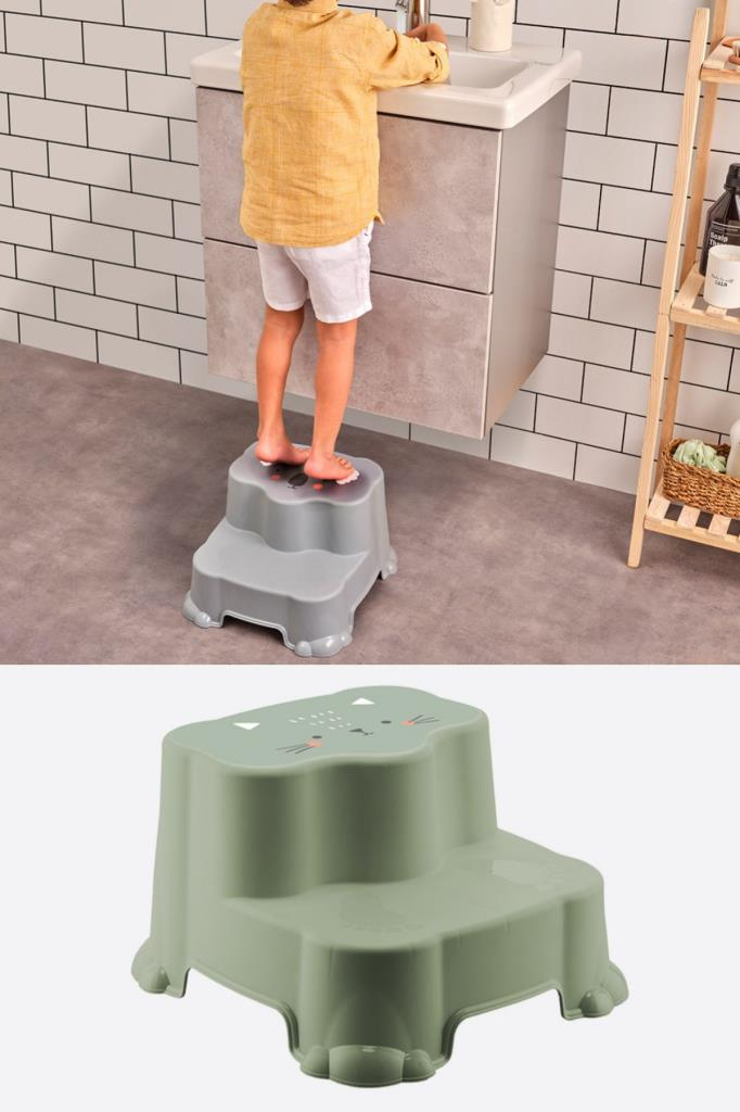 Flosoft Kaydırmaz Çocuk Taburesi Çift Basamaklı, Çocuk Banyo Lavabo Basamak Merdiven Yükseltici Yeşil