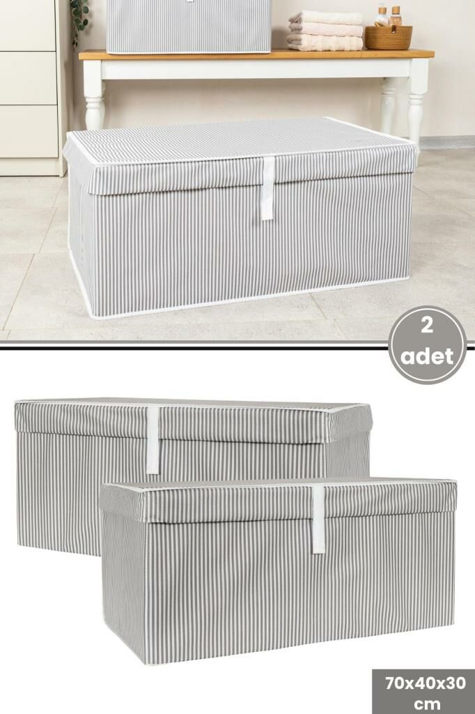 Mega Plus Kutu Hurç, Yorgan Yastık Çarşaf Dolapiçi Düzenleyici Mukavva Destekli (70x40cm) 2 Adet Gri