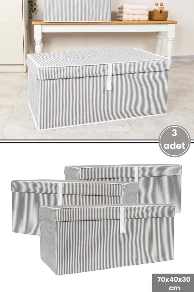 Mega Plus Kutu Hurç, Yorgan Yastık Çarşaf Dolapiçi Düzenleyici Mukavva Destekli (70x40cm) 3 Adet Gri