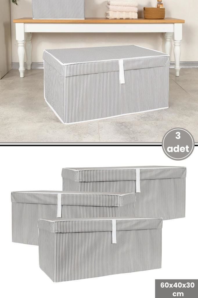 Mega Kutu Hurç, Yastık Çarşaf Kıyafet Dolap İçi Düzenleyici Mukavva Destekli (60x40cm) 3 Adet Gri