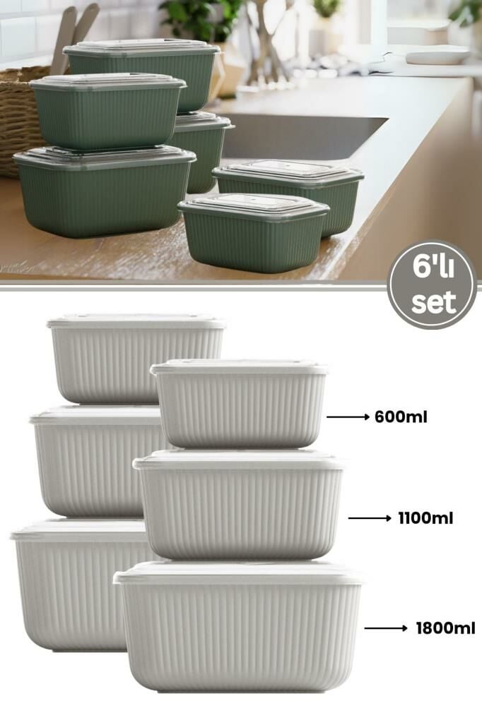 6 lı Erzak Gıda Saklama Kabı, Buzdolabı Düzenleyici Organizer 6 lı Set 2x(600ml,1100ml,1800ml) Ekru