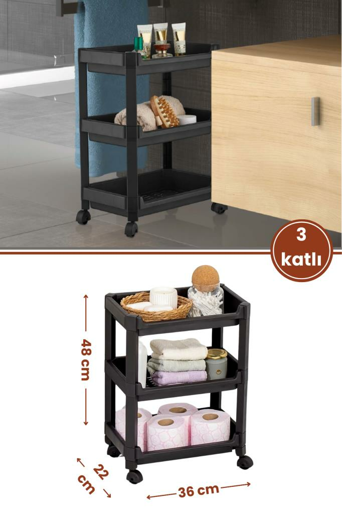 Flosoft 3 Katlı Tekerlekli Düzenleyici Raf, Mutfak Banyo Temizlik Katlı Organizer (22x36x48cm) Siyah