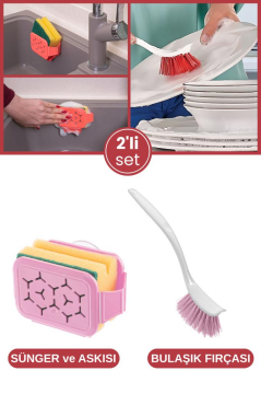 Bulaşık Yıkama 2’li Set, Vantuzlu Bulaşık Süngeri Askısı Tutacağı Sıkacağı + Bulaşık Fırçası Seti