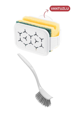 Bulaşık Yıkama 2’li Set, Vantuzlu Bulaşık Süngeri Askısı Tutacağı Sıkacağı + Bulaşık Fırçası Seti