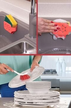 Bulaşık Yıkama 2’li Set, Vantuzlu Bulaşık Süngeri Askısı Tutacağı Sıkacağı + Bulaşık Fırçası Seti