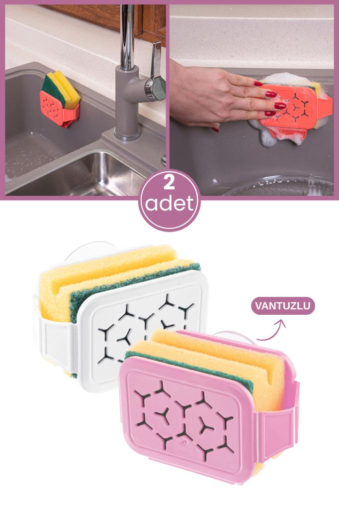 2 Adet Vantuzlu Süngermatik Bulaşık Süngerliği, Bulaşık Süngeri ve Sünger Askısı Sıkacağı Tutacağı