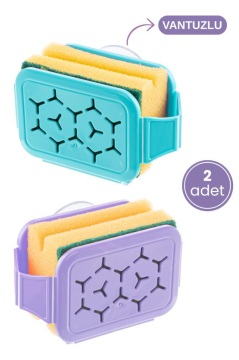 2 Adet Vantuzlu Süngermatik Bulaşık Süngerliği, Bulaşık Süngeri ve Sünger Askısı Sıkacağı Tutacağı