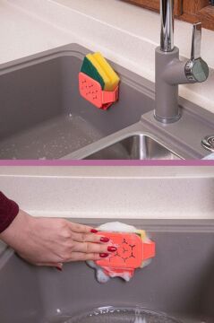 2 Adet Vantuzlu Süngermatik Bulaşık Süngerliği, Bulaşık Süngeri ve Sünger Askısı Sıkacağı Tutacağı