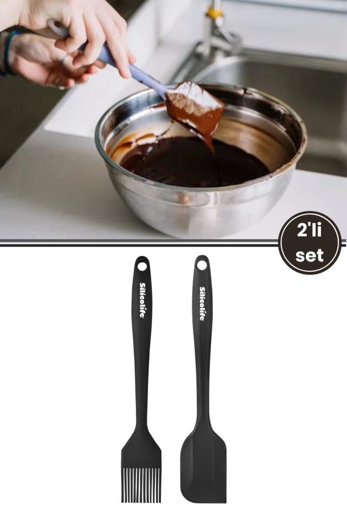 Silicolife Spatula ve Fırça Seti, Isıya Dayanıklı Yanmaz Yapışmaz Silikon Spatula ve Yumurta Fırçası 2’li Set
