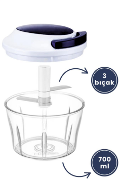 Flora İpli El Rondosu, Paslanmaz Çelik Bıçaklı El Robotu Sebze Meyve Kuruyemiş Doğrayıcı 700 ml Mavi