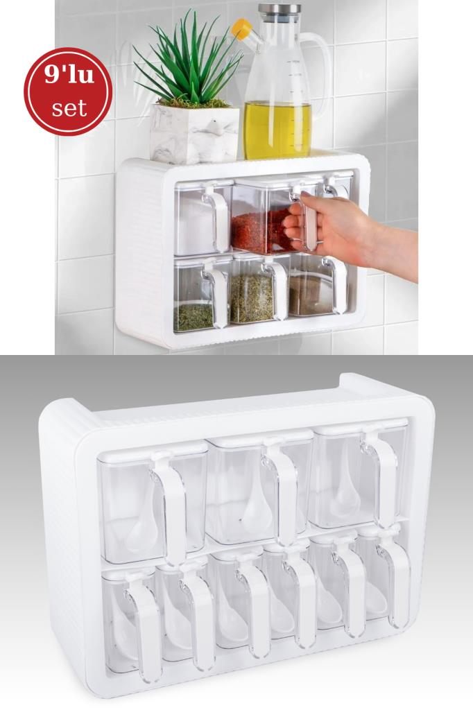 Standlı Kaşıklı Kapaklı 9’lu Baharatlık Seti, Kendinden Yapışkanlı Baharat Takımı (3x600ml, 6x300ml)