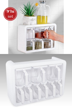 Standlı Kaşıklı Kapaklı 9’lu Baharatlık Seti, Kendinden Yapışkanlı Baharat Takımı (3x600ml, 6x300ml)
