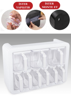 Standlı Kaşıklı Kapaklı 9’lu Baharatlık Seti, Kendinden Yapışkanlı Baharat Takımı (3x600ml, 6x300ml)