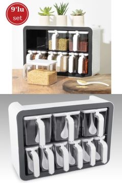 Standlı Kaşıklı Kapaklı 9’lu Baharatlık Seti, Kendinden Yapışkanlı Baharat Takımı (3x600ml, 6x300ml)