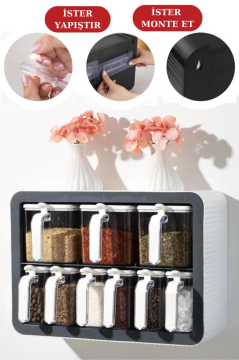 Standlı Kaşıklı Kapaklı 9’lu Baharatlık Seti, Kendinden Yapışkanlı Baharat Takımı (3x600ml, 6x300ml)