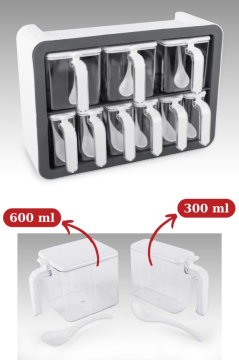 Standlı Kaşıklı Kapaklı 9’lu Baharatlık Seti, Kendinden Yapışkanlı Baharat Takımı (3x600ml, 6x300ml) Siyah