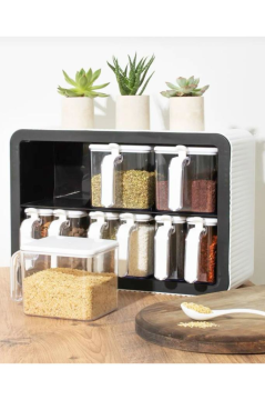 Standlı Kaşıklı Kapaklı 9’lu Baharatlık Seti, Kendinden Yapışkanlı Baharat Takımı (3x600ml, 6x300ml) Siyah