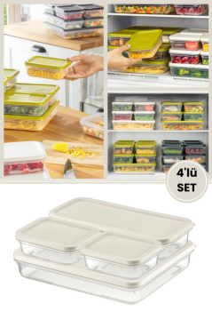 Flora 4’lü Dondurucu Saklama Kabı Seti, Buzdolabı Difriz Erzak Gıda Düzenleyici Set (2600,1200,500,500ml) Beyaz