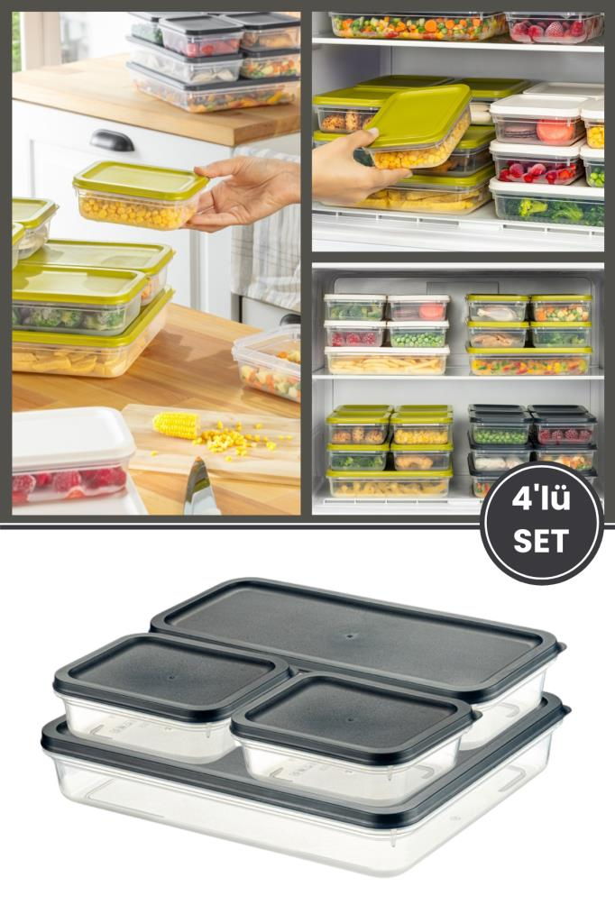 Flora 4’lü Dondurucu Saklama Kabı Seti, Buzdolabı Difriz Erzak Gıda Düzenleyici Set (2600,1200,500,500ml) Mavi