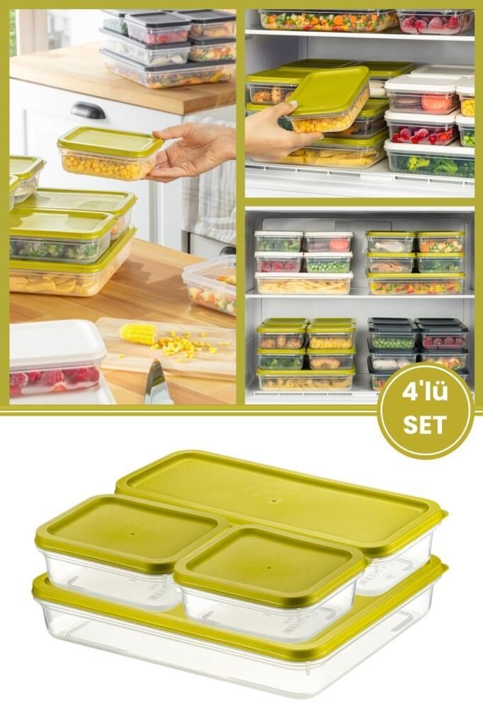 Flora 4’lü Dondurucu Saklama Kabı Seti, Buzdolabı Difriz Erzak Gıda Düzenleyici Set (2600,1200,500,500ml) Yeşil