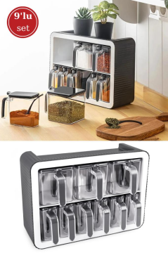 Standlı Kaşıklı Kapaklı 9’lu Baharatlık Seti, Kendinden Yapışkanlı Baharat Takımı (3x600ml, 6x300ml) Füme