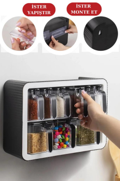 Standlı Kaşıklı Kapaklı 9’lu Baharatlık Seti, Kendinden Yapışkanlı Baharat Takımı (3x600ml, 6x300ml) Füme
