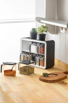 Standlı Kaşıklı Kapaklı 9’lu Baharatlık Seti, Kendinden Yapışkanlı Baharat Takımı (3x600ml, 6x300ml) Füme