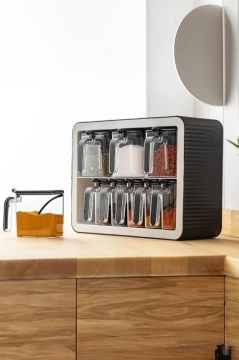 Standlı Kaşıklı Kapaklı 9’lu Baharatlık Seti, Kendinden Yapışkanlı Baharat Takımı (3x600ml, 6x300ml) Füme