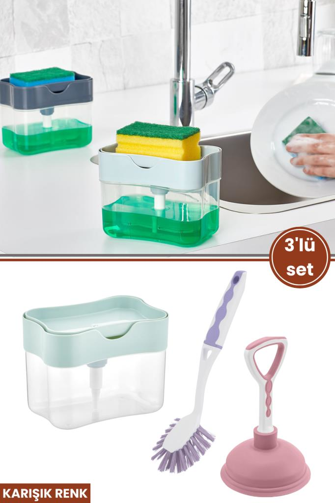 Flora 3’lü Bulaşık Temizlik Seti, Pompalı Hazneli Bulaşık Deterjanlığı + Bulaşık Fırçası + Lavabo Pompası