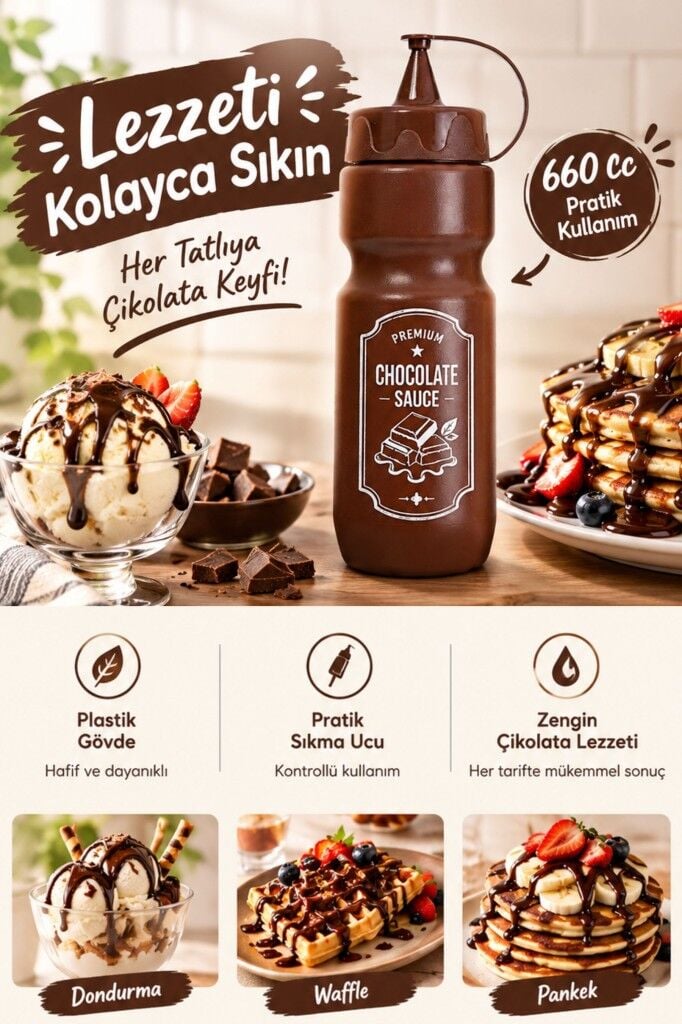 Kapaklı Çikolata Sos Şişesi, Çikolata Sosluk Waffle Dondurma Krep Süsleme Sos Şişesi 660 cc