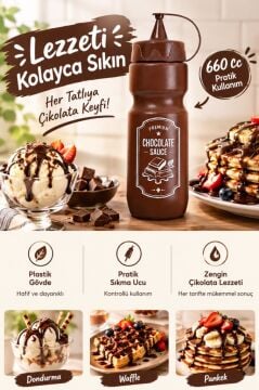 Kapaklı Çikolata Sos Şişesi, Çikolata Sosluk Waffle Dondurma Krep Süsleme Sos Şişesi 660 cc