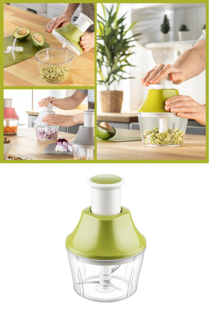 Flosoft Paslanmaz Çelik Bıçak Manuel Doğrayıcı Rondo, 3 Bıçaklı Üstten Basmalı El Robotu 700 ml Yeşil
