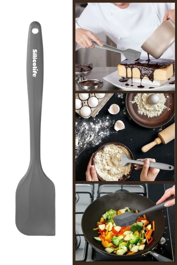 Silicolife Büyük Spatula, Isıya Dayanıklı Yanmaz Yapışmaz Tek Parça Silikon Spatula 26cm Antrasit