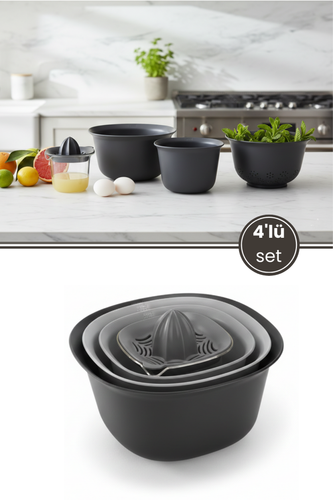 Süzgeçli Mutfak Hazırlık Seti, Karıştırma Kabı + Süzgeç + Kase 1500ml + Limon Sıkacağı 4'lü Takım