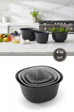 Süzgeçli Mutfak Hazırlık Seti, Karıştırma Kabı + Süzgeç + Kase 1500ml + Limon Sıkacağı 4'lü Takım