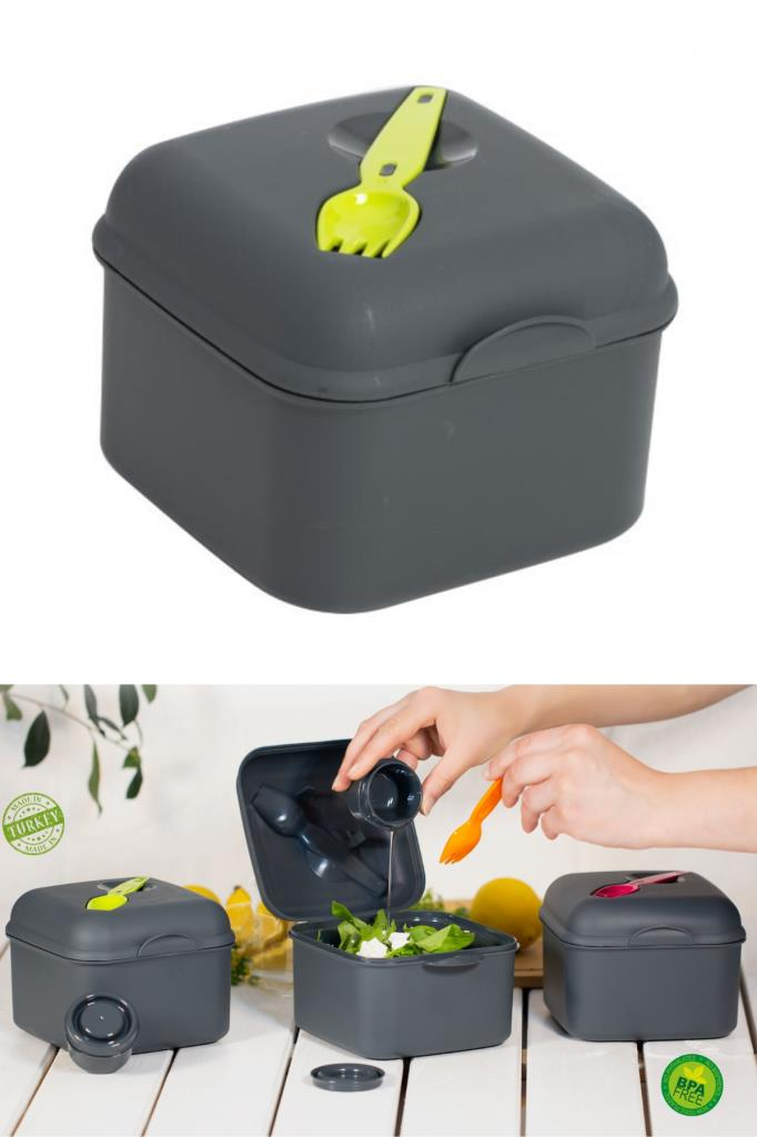 Flosoft Çatal ve Sosluklu Salata Kabı, Diyet Vejetaryen Saklama Kabı Yeşil