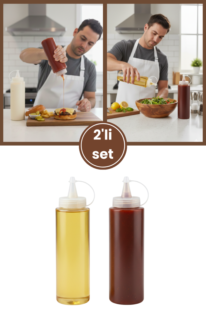 Kapaklı Şeffaf Yağdanlık ve Sosluk 2’li Set, Yağ Sirke Ketçap Mayonez Çikolata Şişesi 700 ml 2 Adet